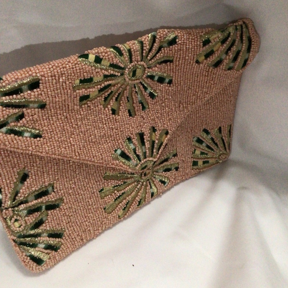 Beaded Pink and Green Floral Clutch Bag - Picture 1 of 9